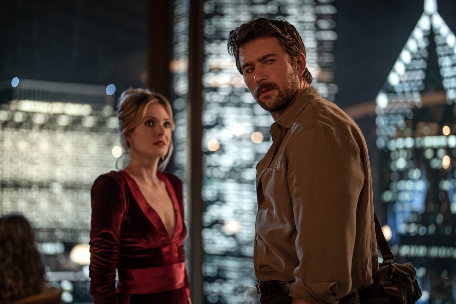 Meghann Fahy as Violet and Brandon Sklenar as Henry in Christopher Landon's new film, "Drop."