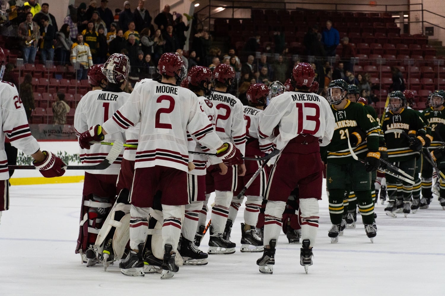 Ian Moore, one of 12 draft selections on the 2024-25 roster, skates off with his teammates following a game versus Clarkson.