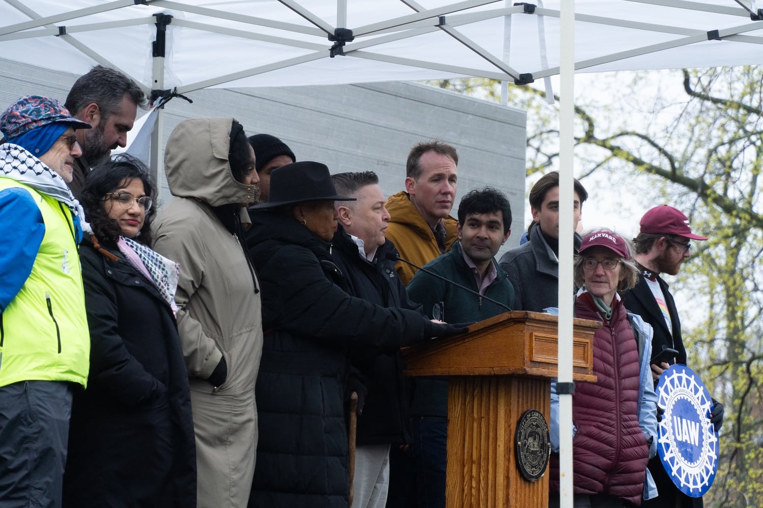 Harvard professors, students, and members of the Cambridge City Council — including Mayor E. Denise Simmons, Vice Mayor Marc C. McGovern, and councilors Sumbul Siddiqui Burhan Azeem, and Patricia M. “Patty” Nolan ’80 — stand on a platform at Saturday’s anti-Trump rally on Cambridge Common.