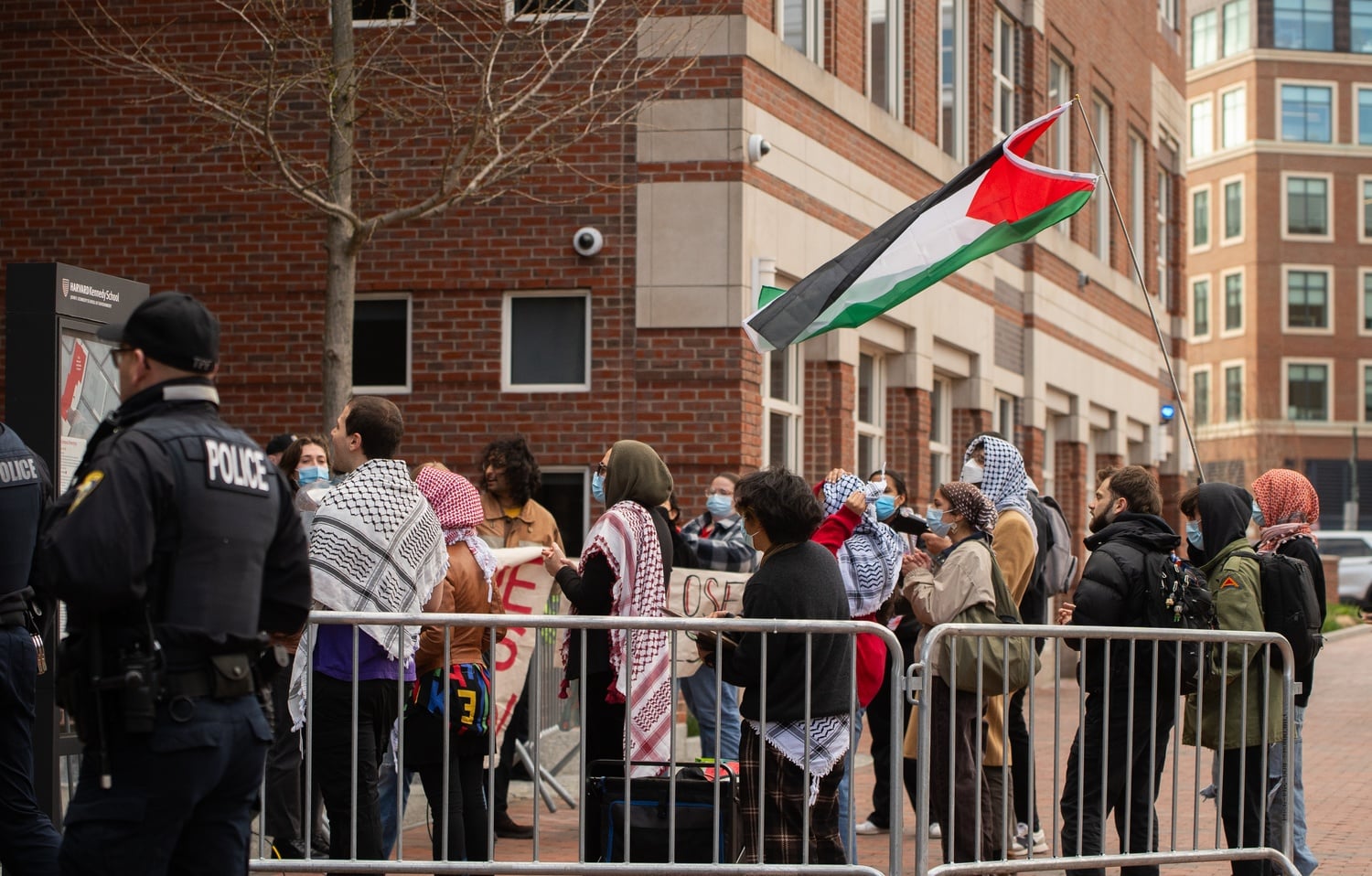 Harvard Out of Palestine protested outside of the Harvard Kennedy School against Joe Biden's appearance at the Institute of Politics.