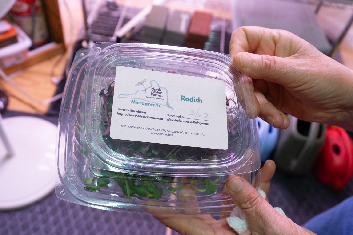 North Allston Farms distributes its produce in compostable packaging, which can be disposed of on Vaidya’s front porch.