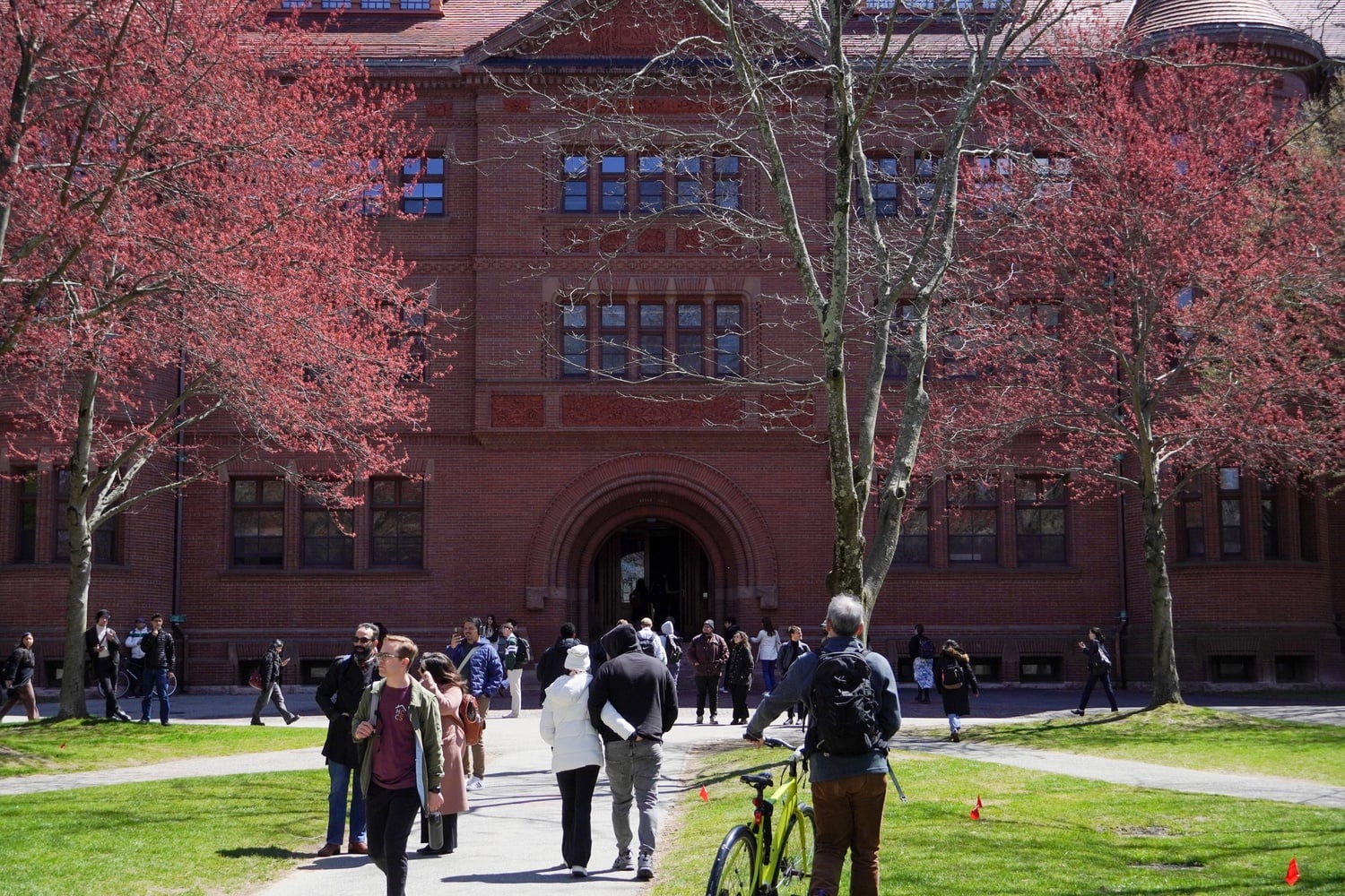 Students walk towards Sever Hall in Harvard Yard.