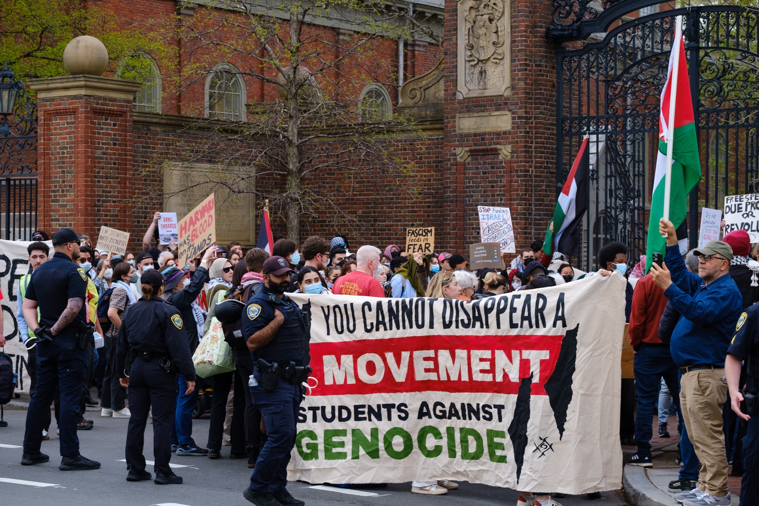 Demonstrators gathered outside Johnston Gate for an April 2025 protest organized by Harvard Out of Occupied Palestine and other unrecognized student groups.