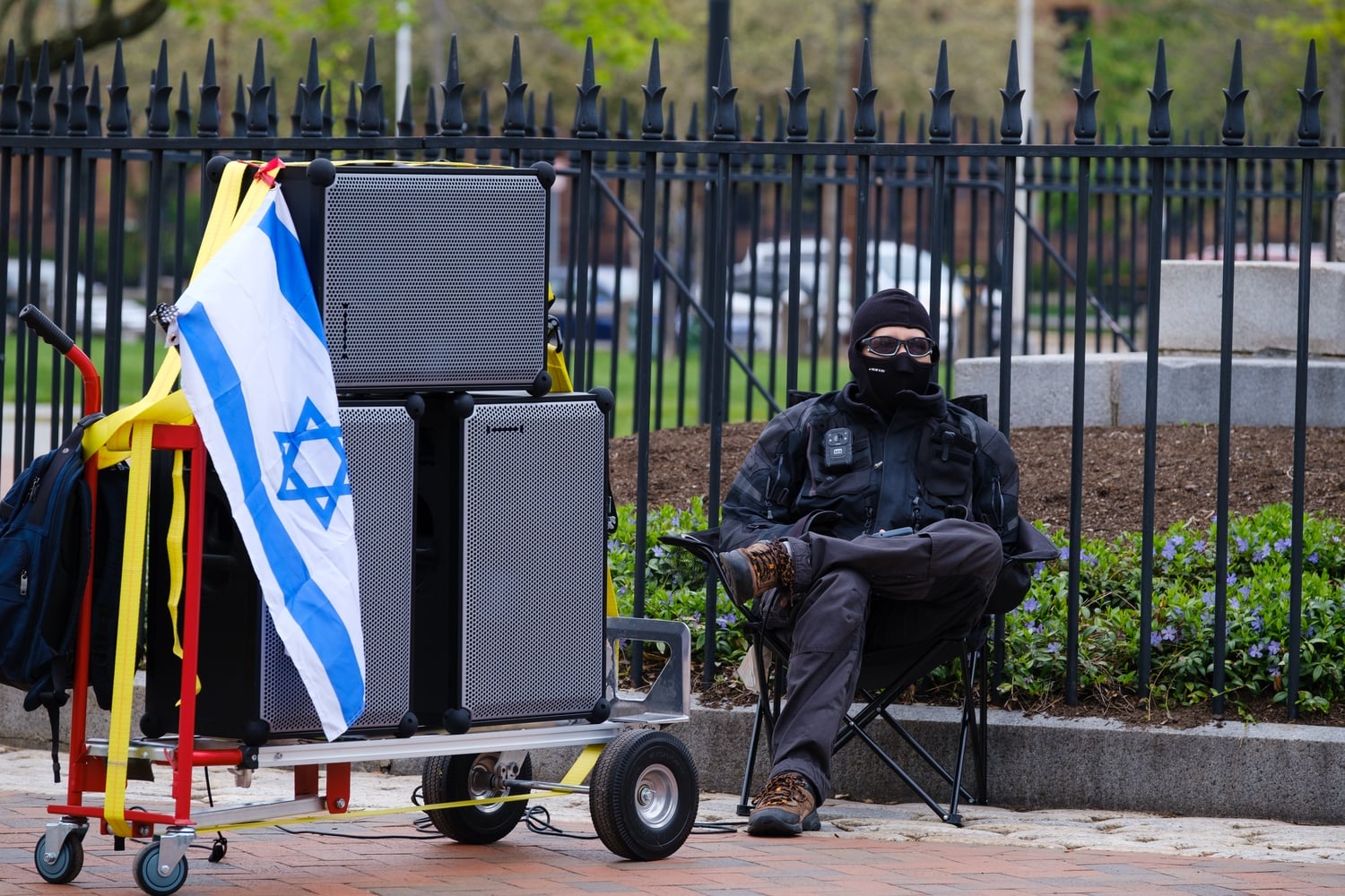 A pro-Israel counterprotester played a soundtrack over three speakers at Saturday’s demonstration.