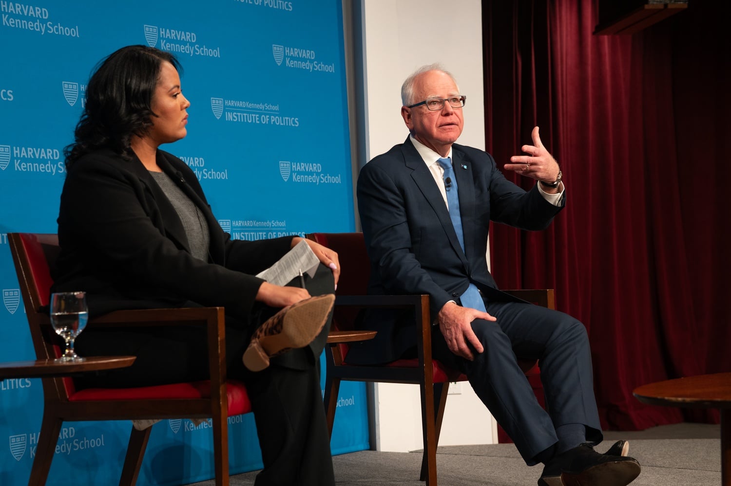 On Monday evening, Governor Tim Walz and Moderator Brittany Shepherd discuss the future of the democratic party at the Institute of Politics.