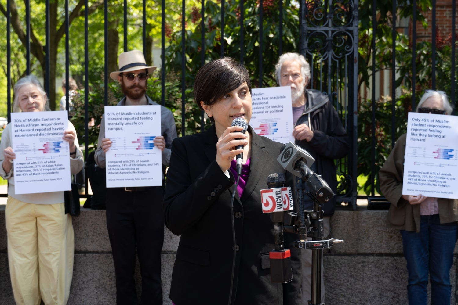 Harvard Medical School clinical instructor Lara Z. Jirmanus speaks at a Monday rally delivering complaints to University President Alan M. Garber ’76. Jirmanus and fellow participants argued Harvard had done little to address bias against Muslims, Arabs and Palestinians after affiliates had previously sent the complaints to the Office of Community Conduct.