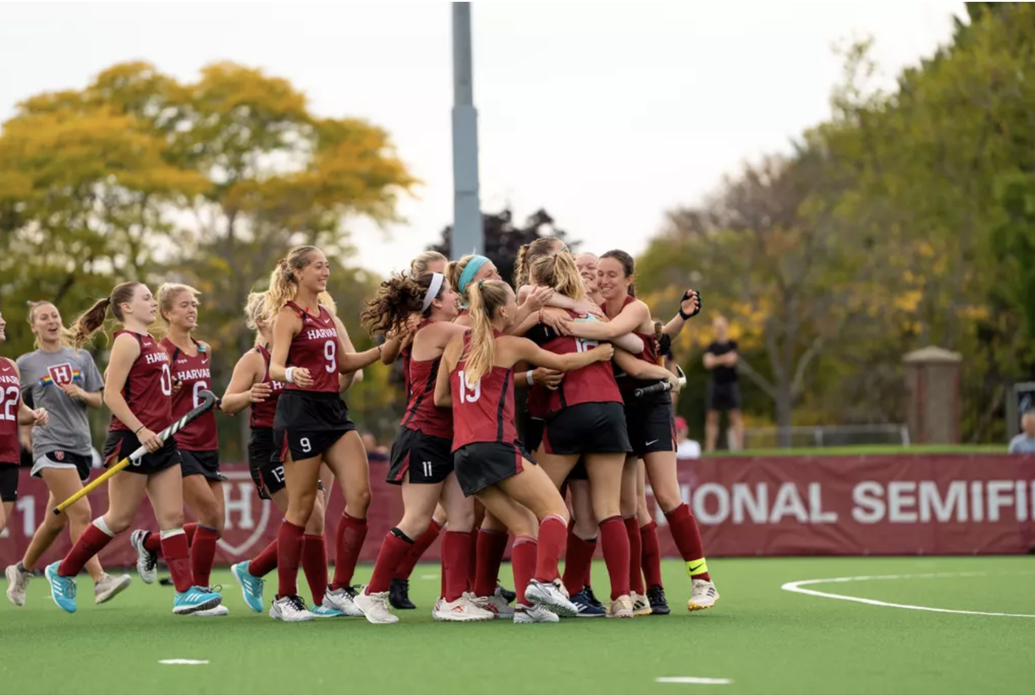 The field hockey team celebrates together. The team won the Ivy League Tournament last season, and looks for its third consecutive title.
