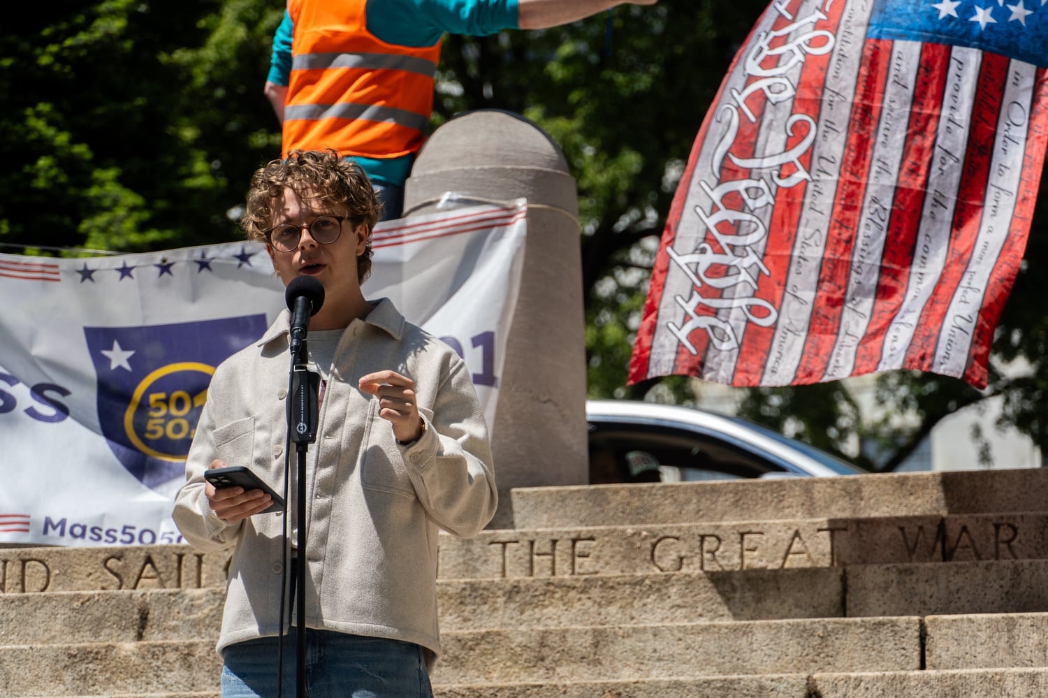 Leo Gerdén '25 speaks at the rally against Trump and ICE.