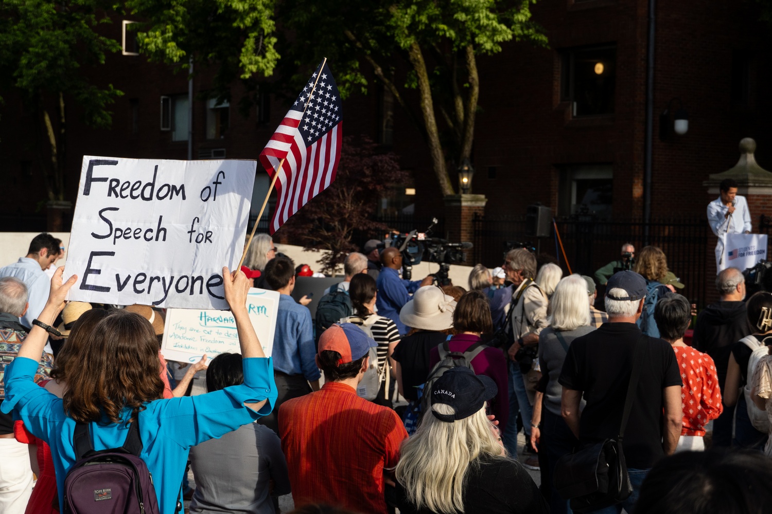 Students, faculty, and Cambridge residents gather at an anti-Trump rally organized by Students for Freedom on May 28. The group circulated an open letter, released Friday, that urged Harvard to reject intrusive demands from the Trump administration.