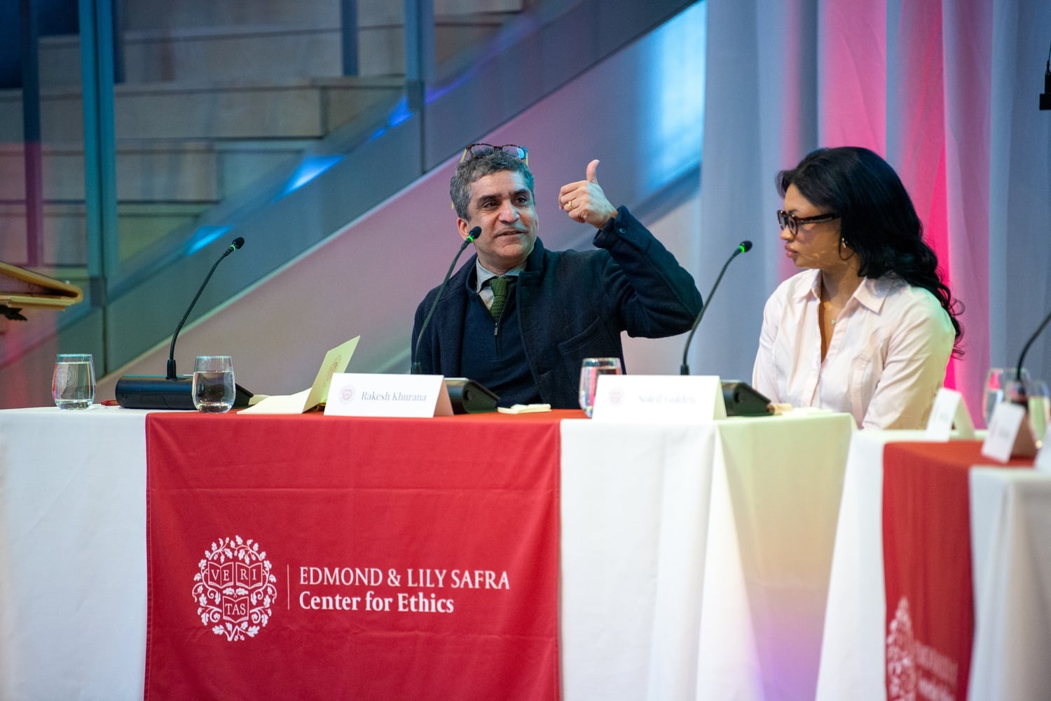 Khurana and Soleil E. Golden '24 at a Safra Center for Ethics event in March. The panel was on 'Campus Ethics in the Digital Era.'