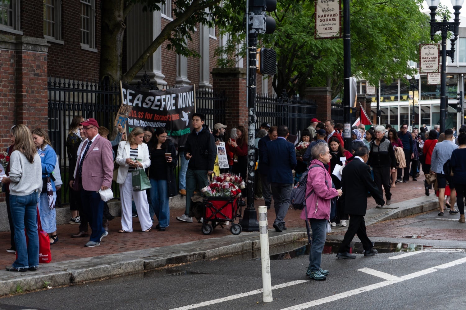 Demonstrators hold signs at a pro-Palestine protest during Harvard’s 374th Commencement that stretched along Massachusetts Avenue from Johnston Gate to Widener Gate.