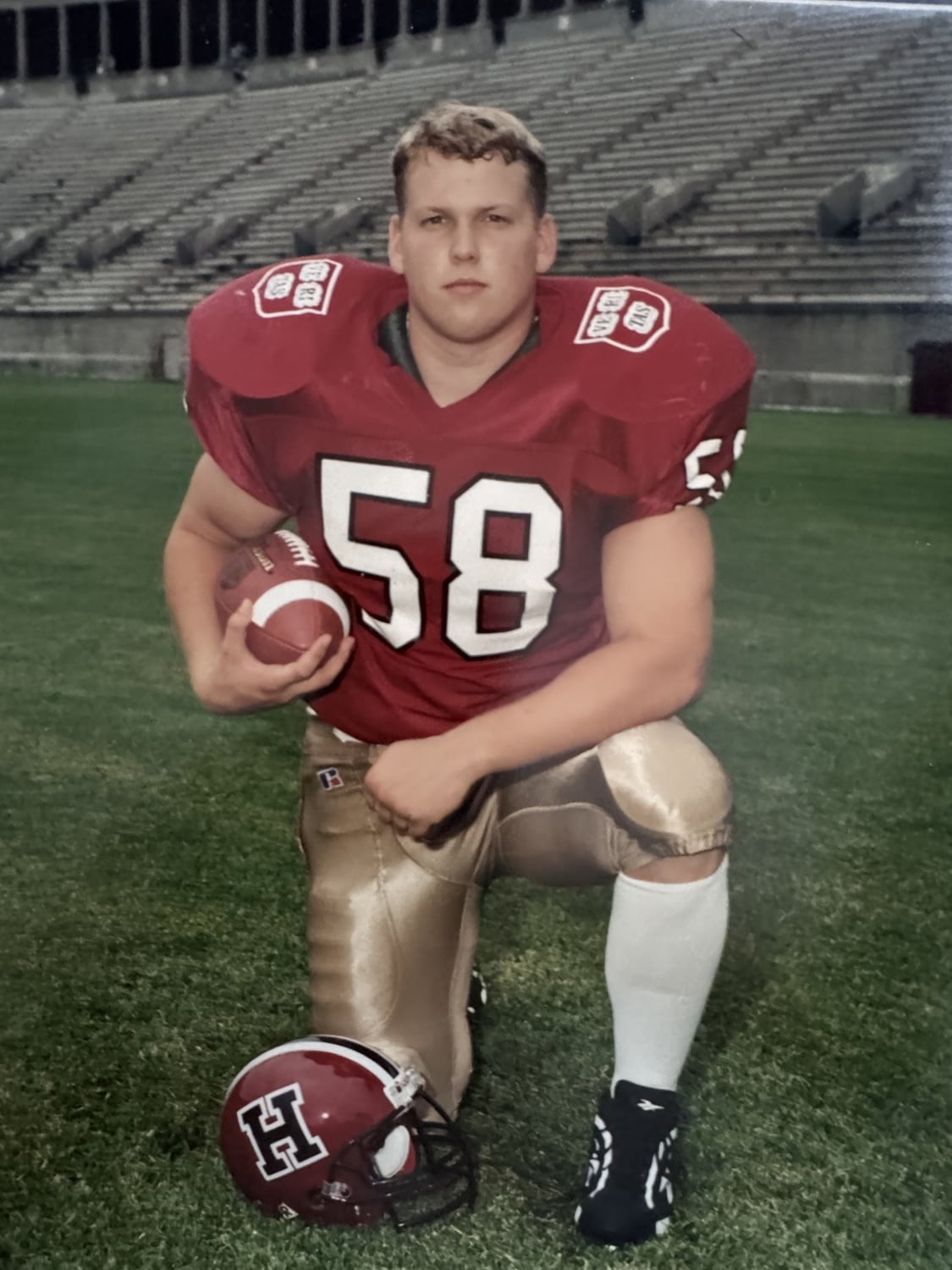 Christopher J. Nowinski ’00 as a Harvard football player.