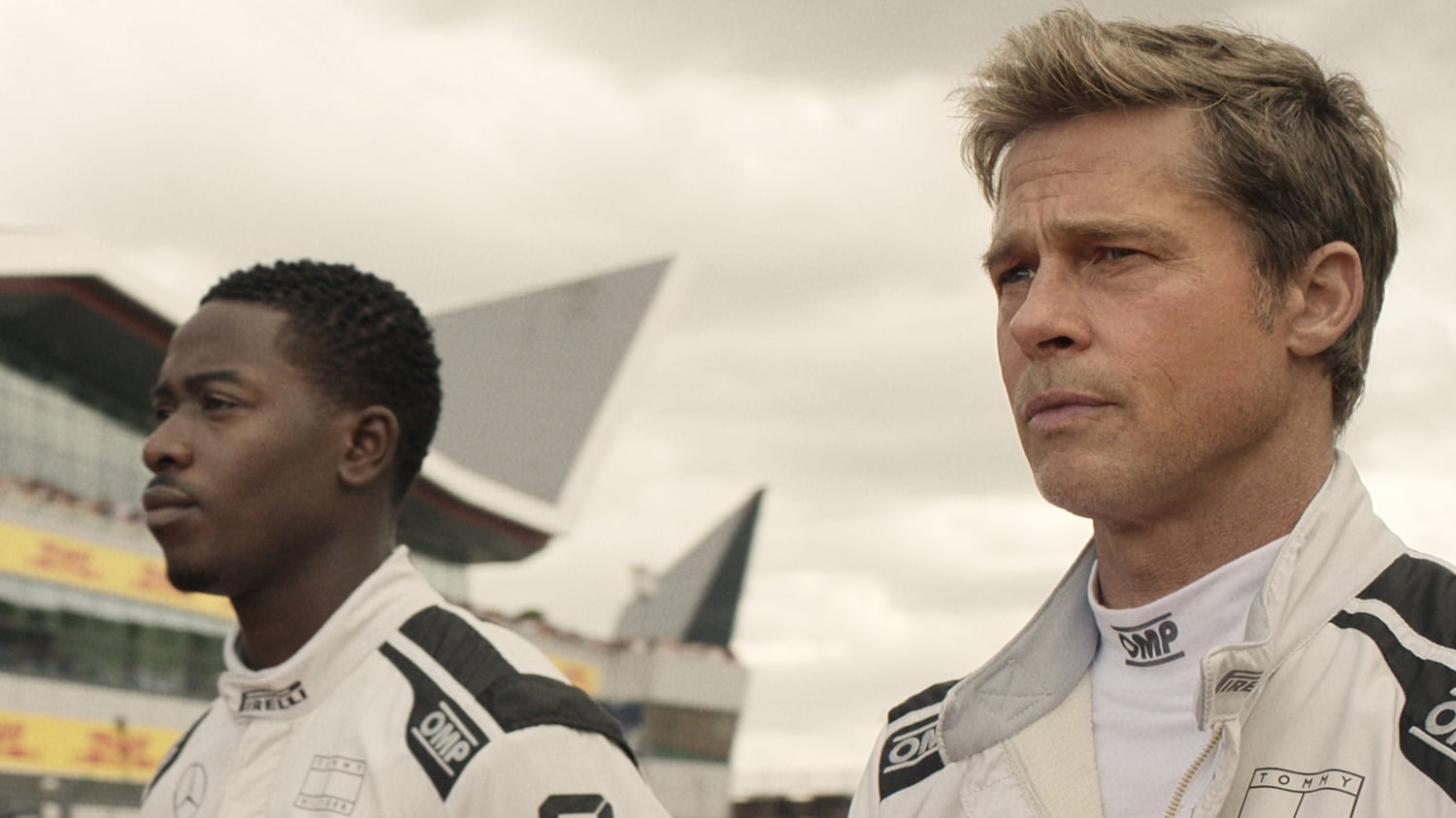Damson Idris as Joshua Pearce and Brad Pitt as Sonny Hayes in Apple Original Films’ “F1 The Movie."