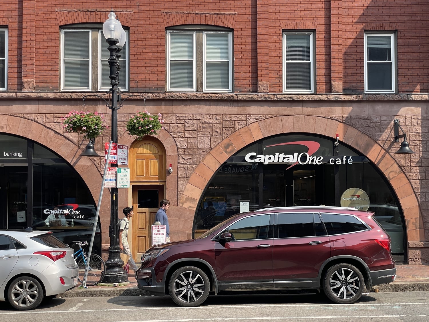 The entrance to Capital One on Sunday afternoon. Earlier in the day, police arrested three protesters at a pro-Palestine rally outside the bank and cafe.