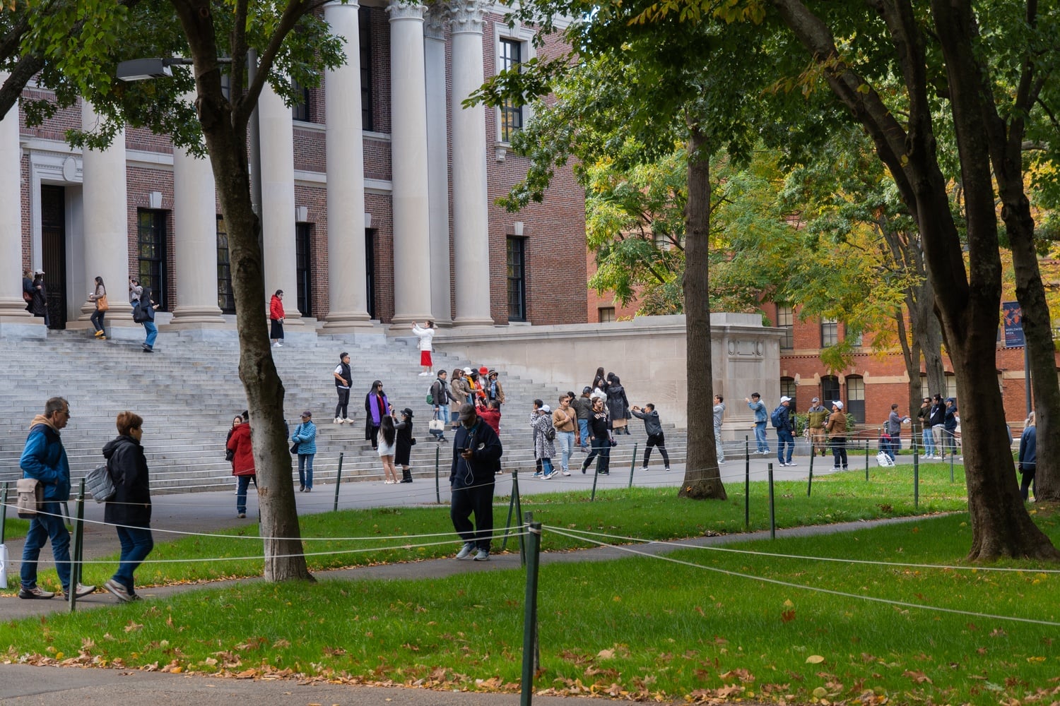 People walk near Widener Library in October 2024.