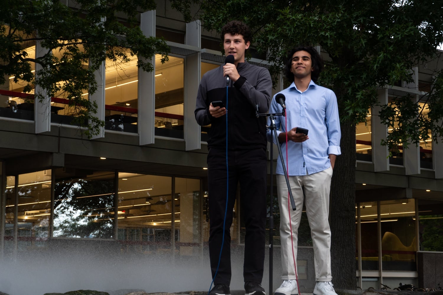 Abdullah Shahid Sial '27 and Caleb N. Thompson '27 speak at a Students for Freedom protest last September. They served as co-presidents of the Harvard Undergraduate Association from April 2025 to April 2026.