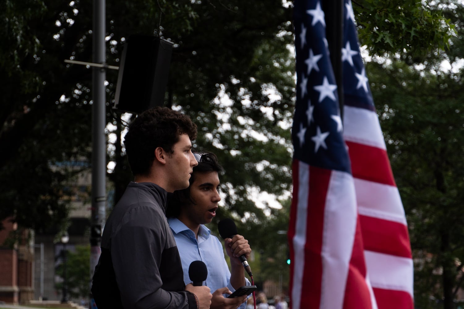 Harvard Undergraduate Association co-presidents Caleb N. Thompson ’27 and Abdullah Shahid Sial ’27 speak at a Students for Freedom protest in September 2025.