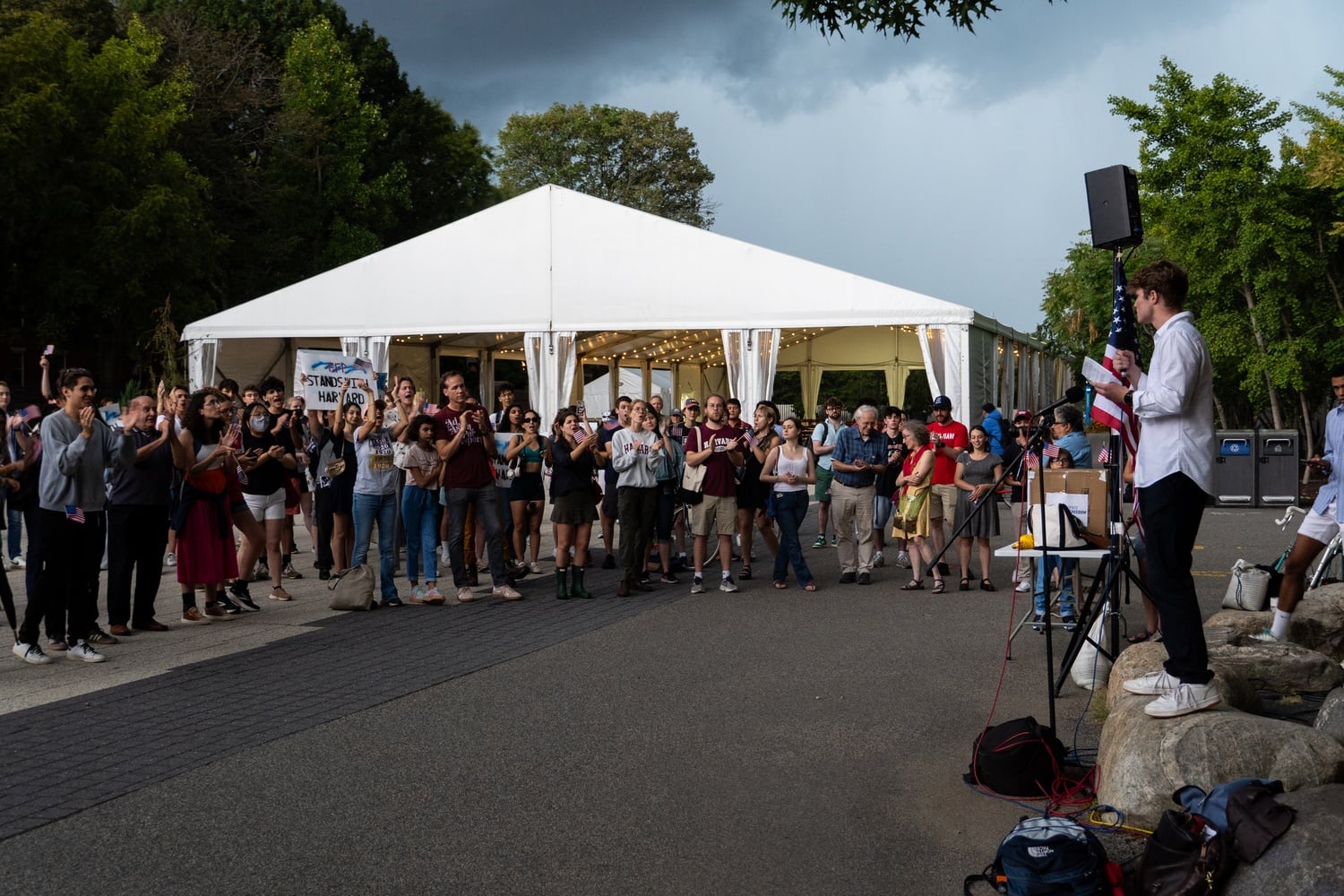 Demonstrators gathered under stormy skies at a Students for Freedom protest on Saturday as Welsh international student Alfred F.B. Williamson ’28 addressed them.