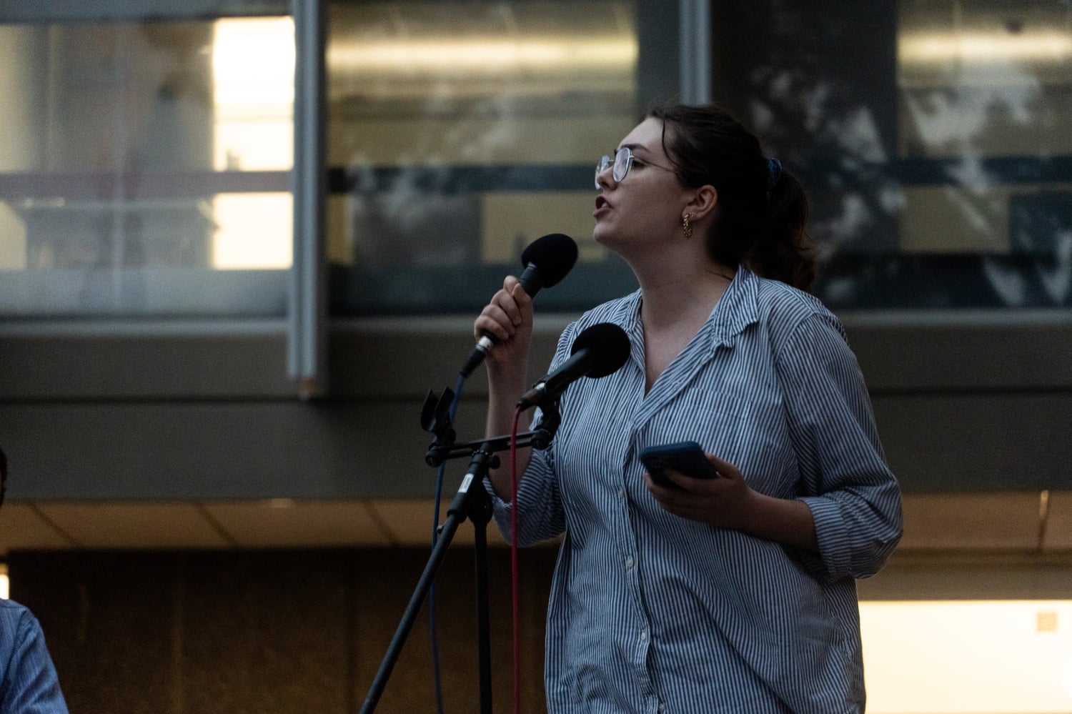 Olivia F. Data ’26, a former Harvard College Women’s Center intern, spoke at the Students for Freedom protest on Saturday to criticize the dismantling of the office where she worked.