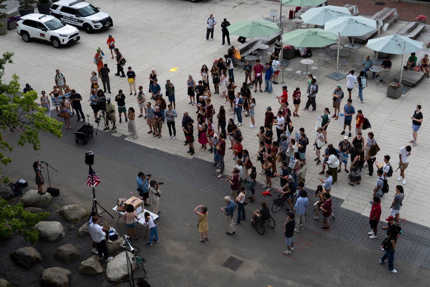 Protesters at the Students for Freedom rally gathered in the Science Center plaza.