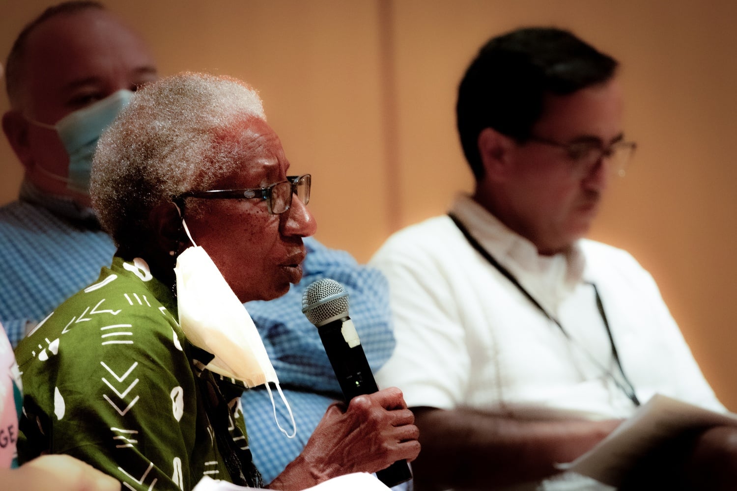 School Committee Vice Chair Caroline Hunter speaks at an event on Sep. 13, 2023. Hunter's reelection campaign survived a residency challenge.