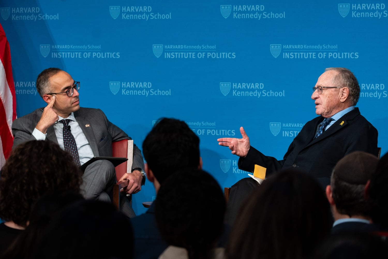 Professor Tarek Masoud and Alan Dershowitz in conversation during an event of the Middle East Dialogues series hosted by the Institute of Politics.
