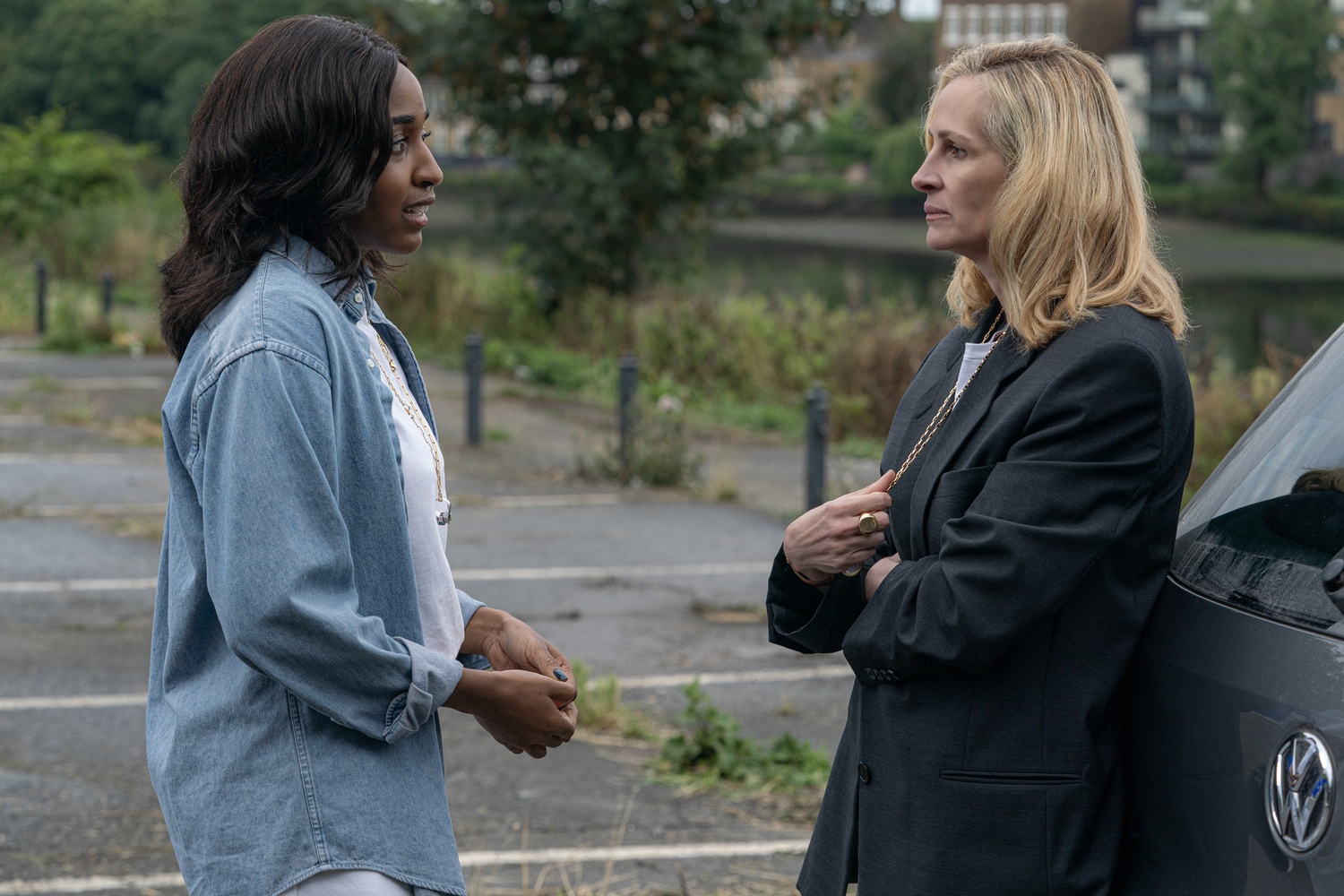 Ayo Edebiri as Maggie and Julia Roberts as Alma in Luca Guadagnino's new film, "After the Hunt."