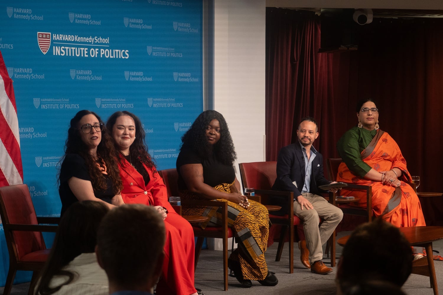 Jessica Stern, Dilya Gafurova, Marline Oluchi, Pau González Sánchez, and Nayyab Ali spoke at the Harvard Kennedy School on Tuesday.