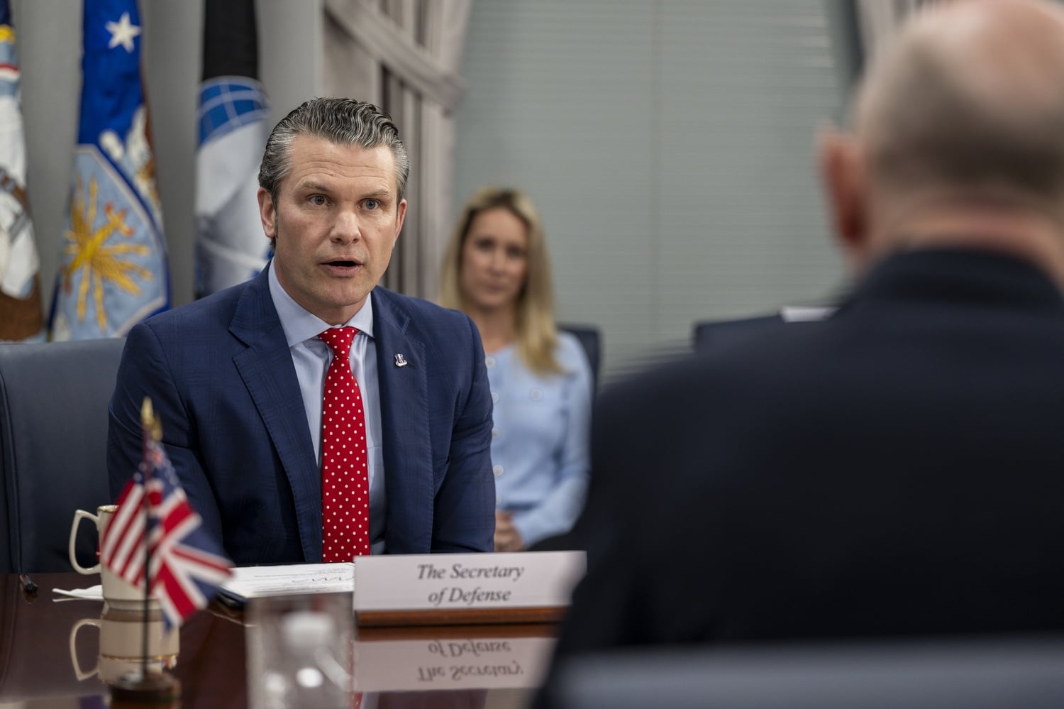Defense Secretary Pete Hegseth speaks with United Kingdom Secretary of State for Defense John Healey in March 2025 at the Pentagon, in a Department of Defense photo.