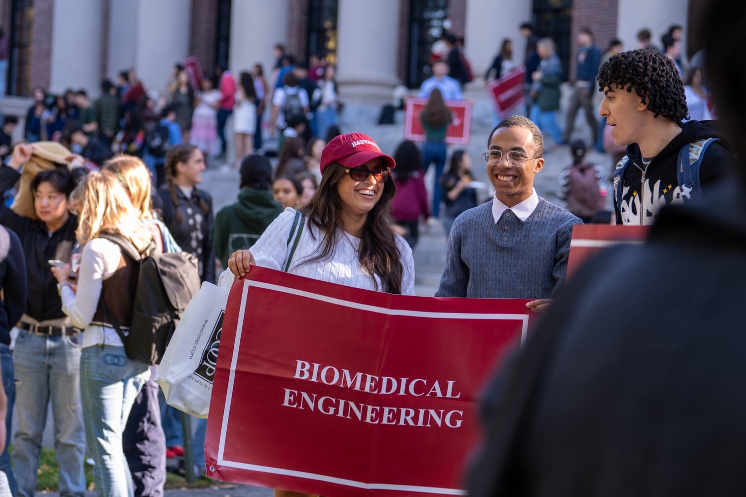 Hundreds of sophomores gather on Widener steps to celebrate concentration day. 