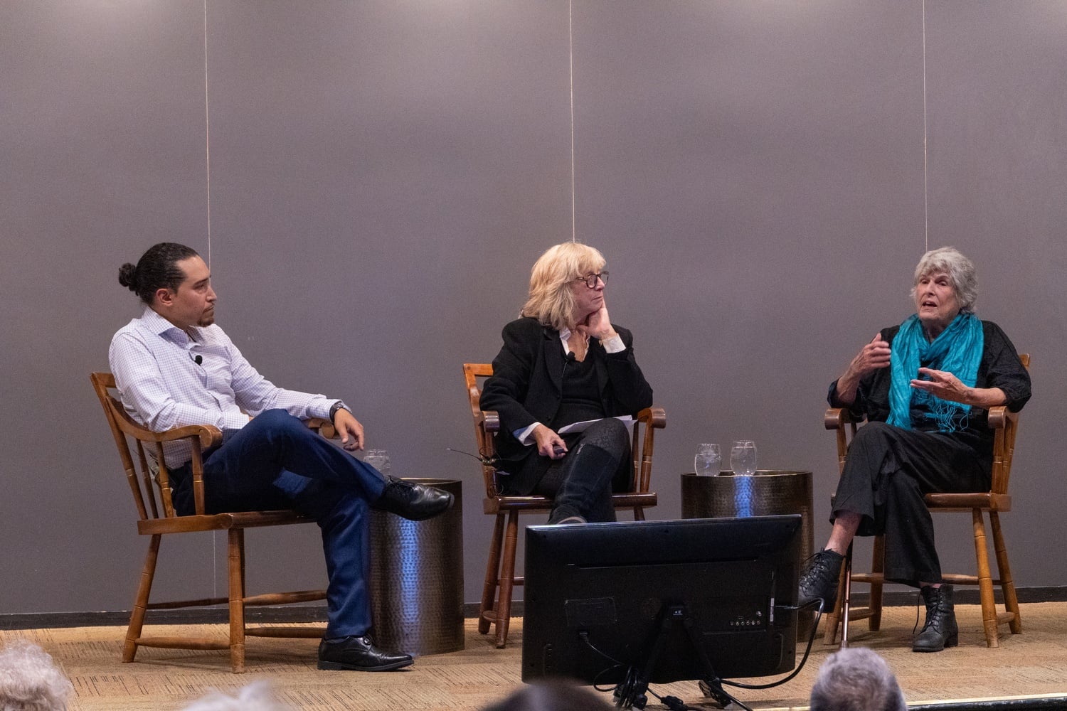 Art historian Clemency Chase Coggins, on the right, spoke about the improper excavation of Maya artifacts at a Harvard talk on Thursday.
