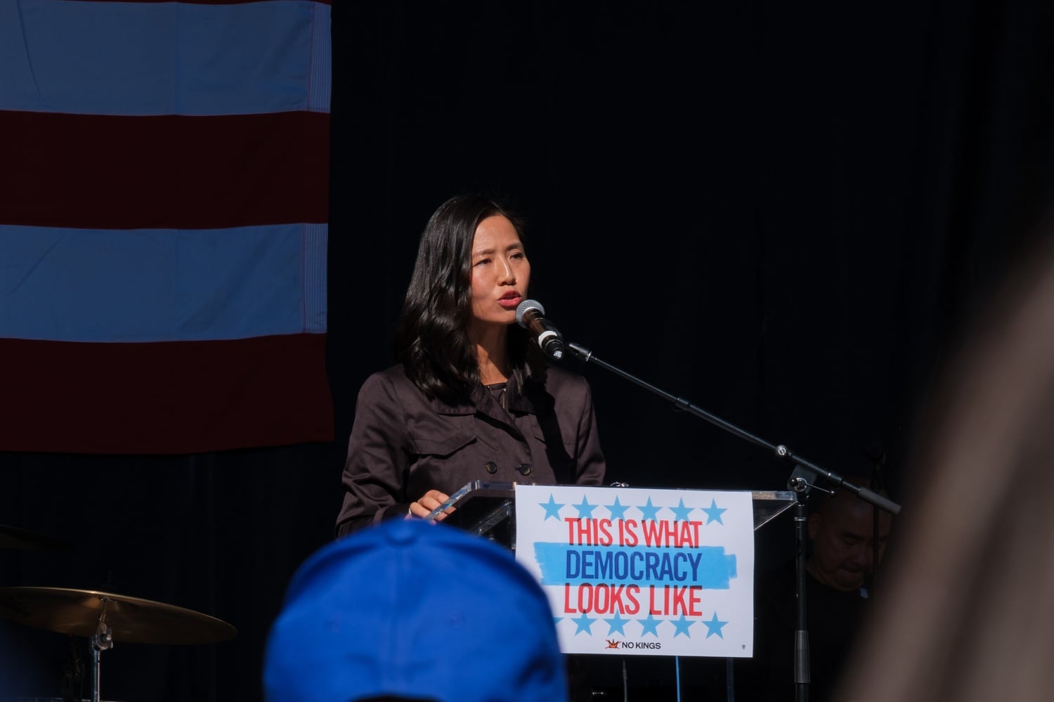 Boston Mayor Michelle Wu '05 addresses the crowd and receives some cheers and a few jeers.