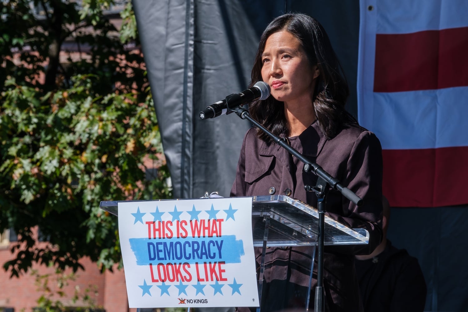 Boston Mayor Michelle Wu '07 speaks at a No Kings Protest in Oct. 2025. Wu on Monday endorsed Daniel A. Lander '14 in his challenge against longtime incumbent William N. Brownsberger '78.