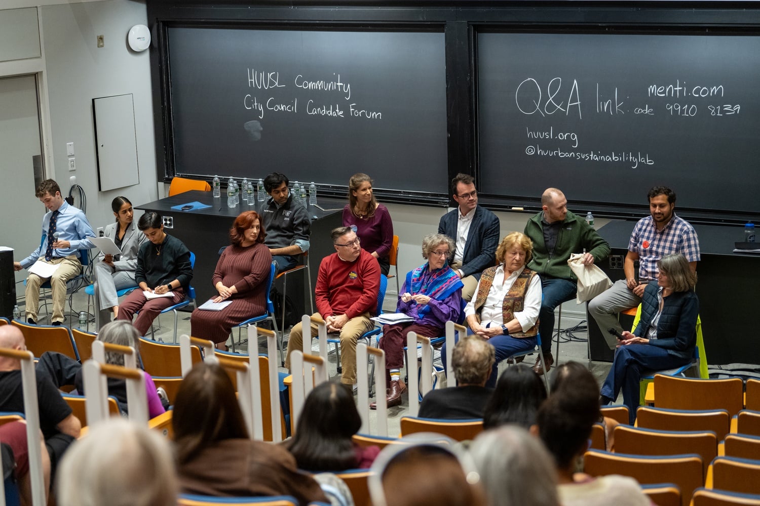Cambridge City Council candidates speak at a Harvard Undergraduate Urban Sustainability Lab forum in the Science Center.