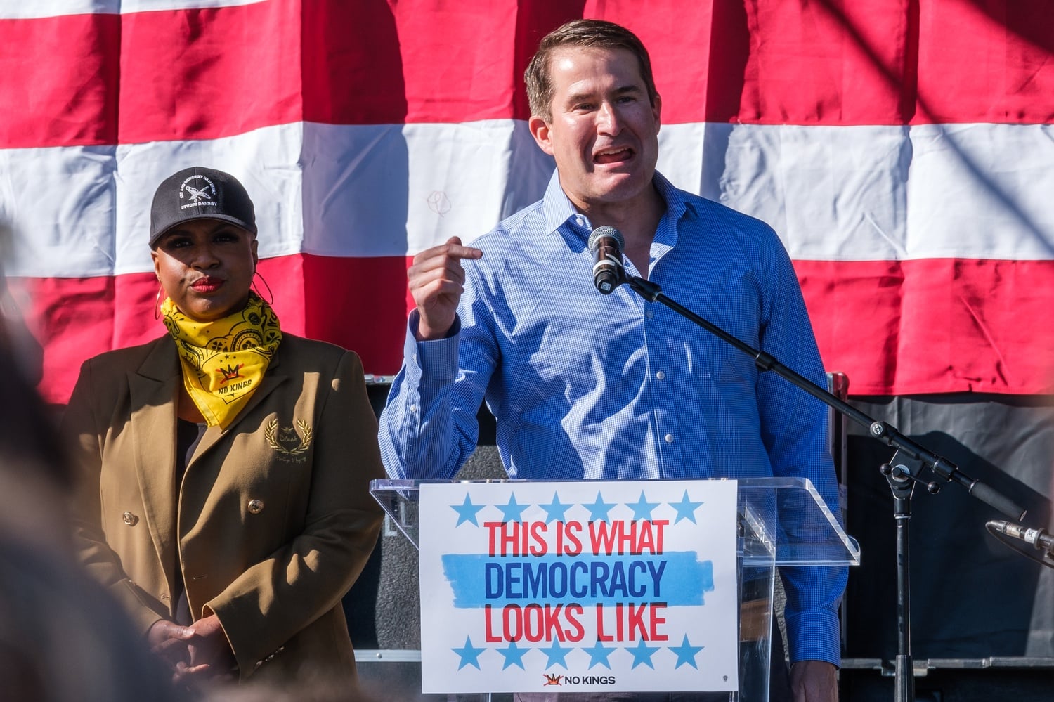 Congressman Seth W. Moulton '01 speaks after Congresswoman Ayanna S.Pressley at the No Kings protest at Boston Commons last Saturday.