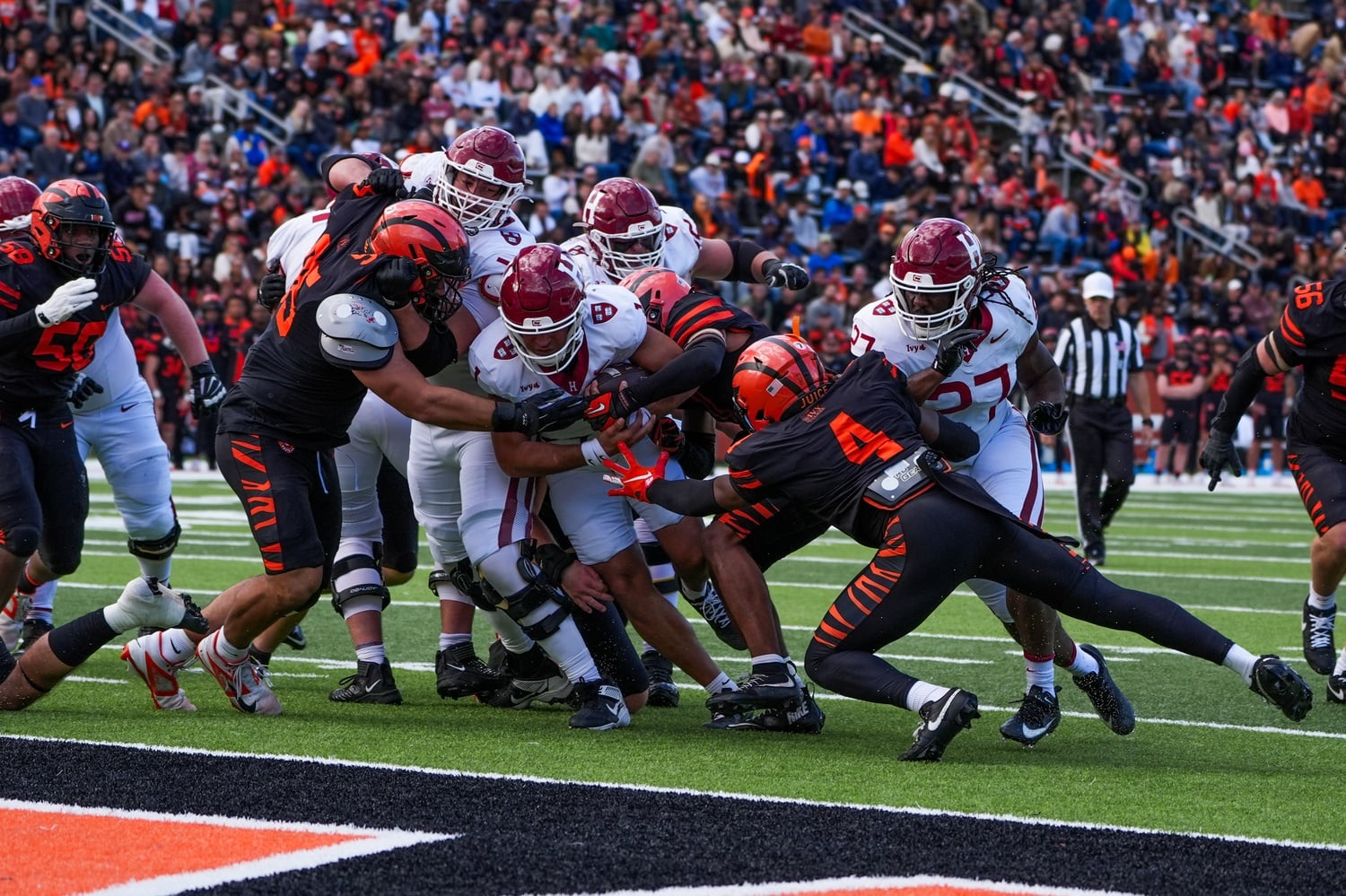 Crimson Football Quarterback Jaden Craig's Drive Blocked by Princeton Linemen.