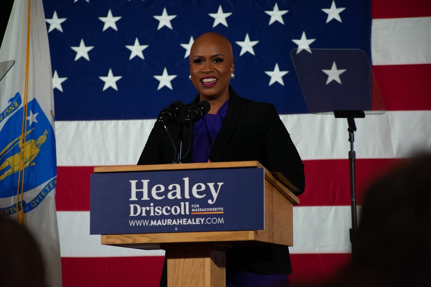 Rep. Ayanna S. Pressley (D-Mass.) speaks at a Massachusetts Democrats election watch party in November 2022.
