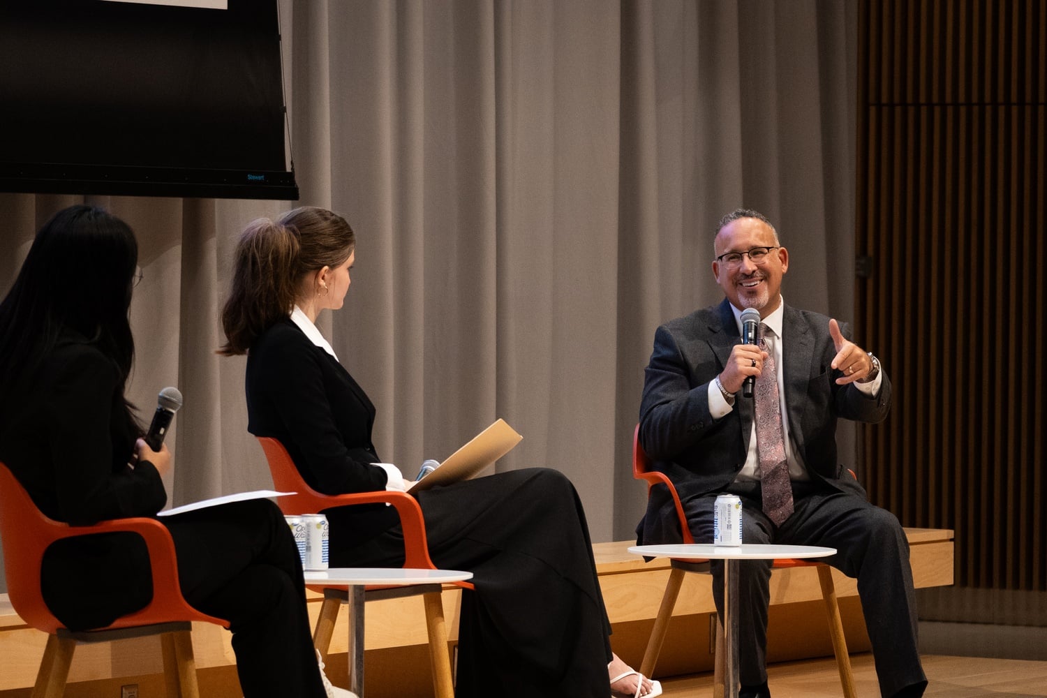 Former U.S. Secretary of Education Miguel Cardona speaks at the Smith Campus Center in Harvard Commons as part of the Harvard Foundation's First-Gen and/or Low-Income Visibility Week.