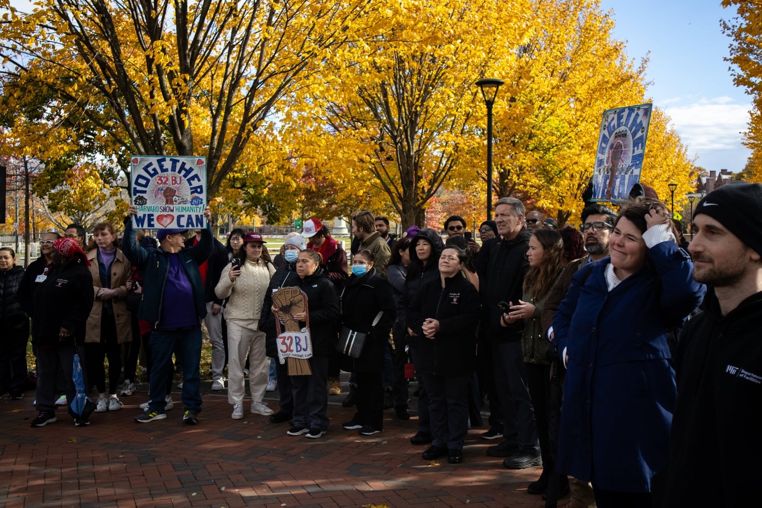 Members of the Service Employees International Union gather for a rally in Cambridge Common.