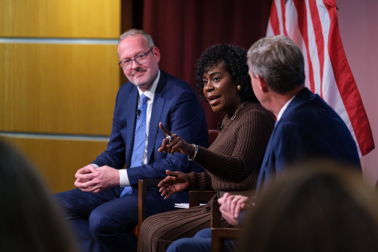 Director of the Bloomberg Center for Cities, Jorrit de Jong, moderates a discussion on urban problem solving with Cherelle L. Parker, mayor of Philadelphia, and Daniel J. Rickenmann, mayor of Columbia. 