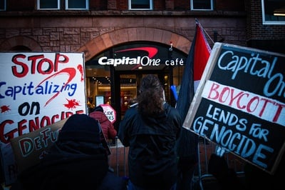 Cover image for BDS Boston Protests Outside Harvard Square Capital One Bank