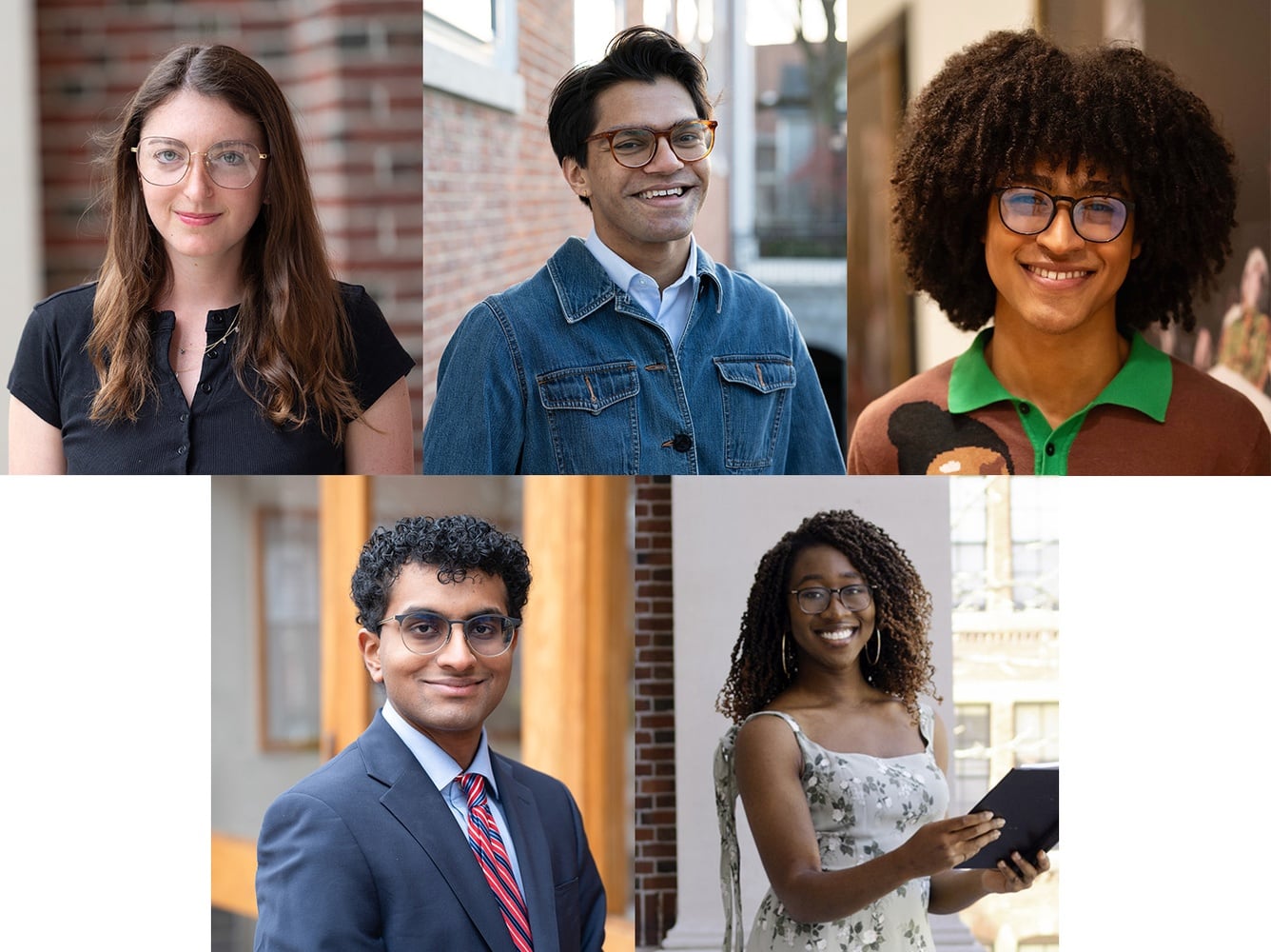 Harvard’s 2026 Marshall Scholars. Clockwise from top left: Hannah W. Duane ’26, Kashish Bastola ’26, Tenzin R. Gund-Morrow ’26, Tomi Siyanbade ’24, and Ashwin H. Sivakumar ’26.