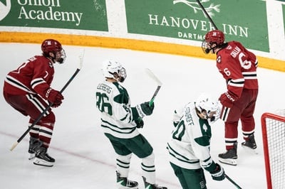 Cover image for Gallant and Tresca Celebrate Shorthanded Goal Against No. 11 Dartmouth