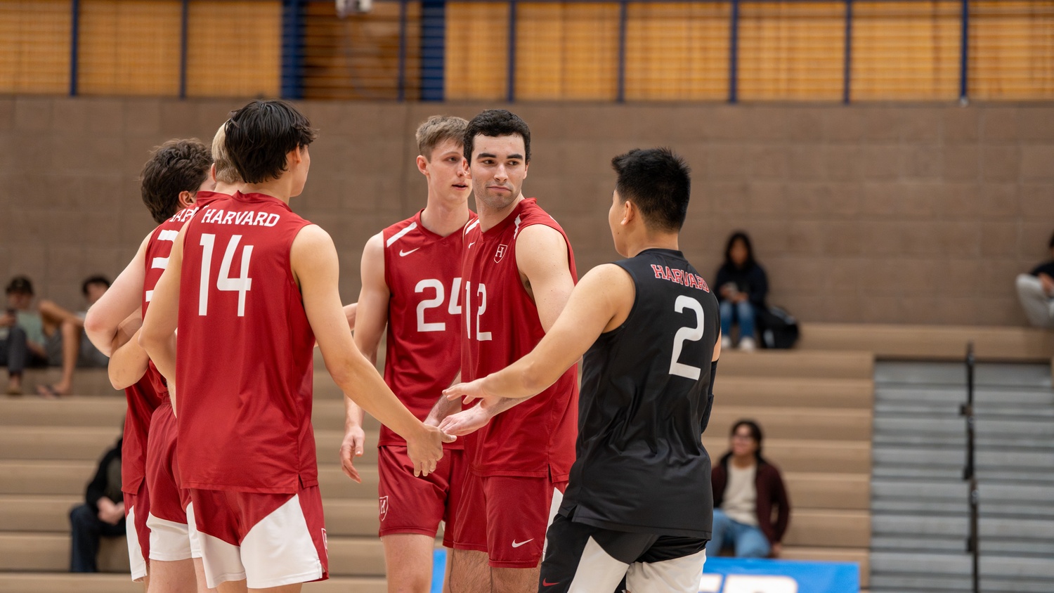 Harvard men's volleyball team huddles together between points.