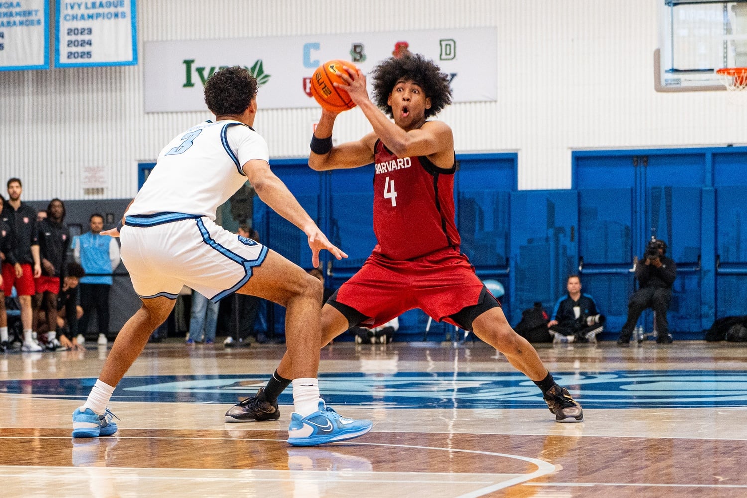 Sophomore Robert Hinton fakes out a defender from Columbia University during an earlier matchup this season.
