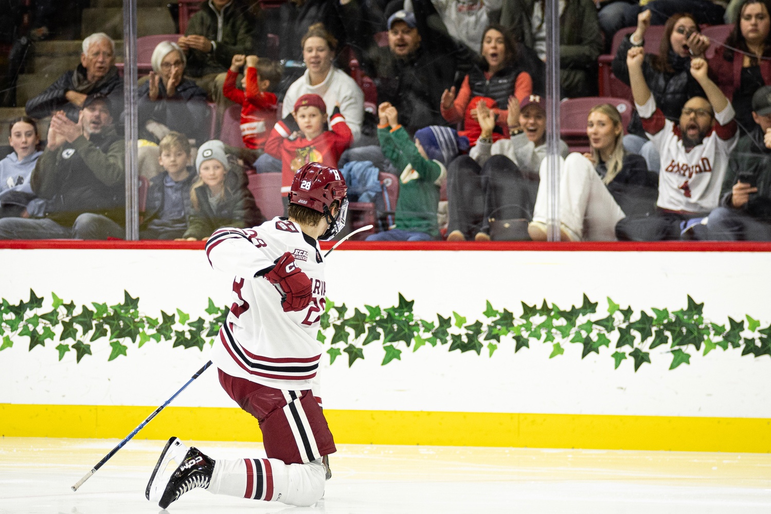 Heikki Ruohonen celebrates in the Bright-Landry Hockey Center after scoring a goal against the Clarkson Golden Knights. The freshman was selected as Finland's Player of the Game after beating the United States in the quarterfinals of the 2026 IIHF World Juniors.