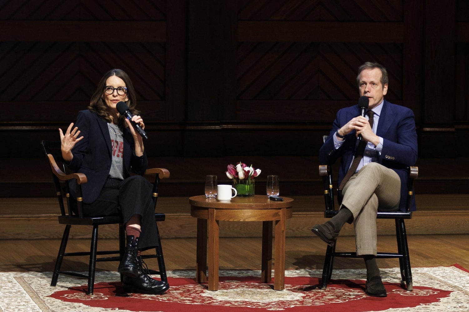 Tina Fey and Robert Carlock ’95 in conversation at Sanders Theatre.