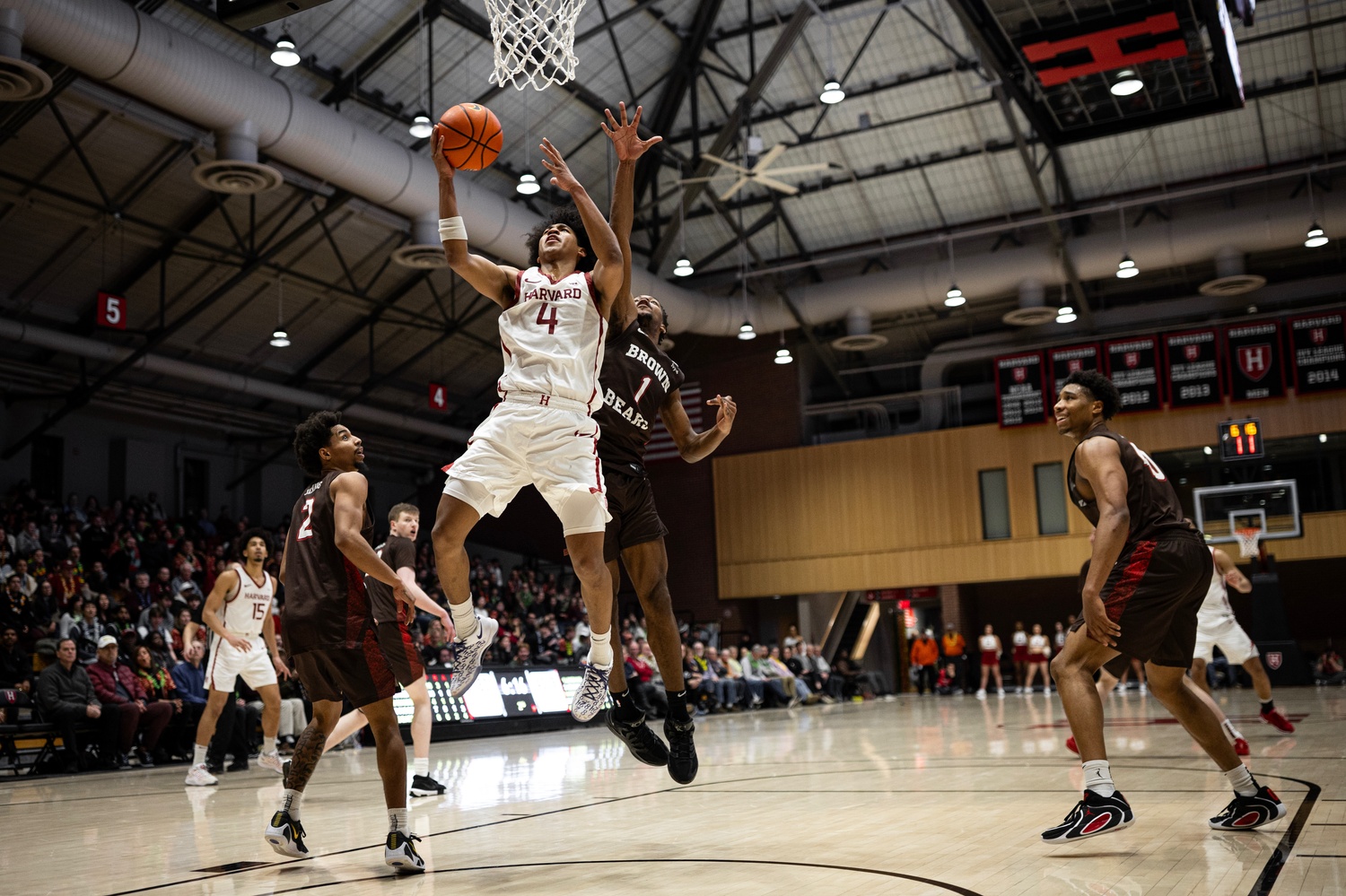 Sophomore guard Robert Hinton with the tough finish in a victory over Brown at home.
