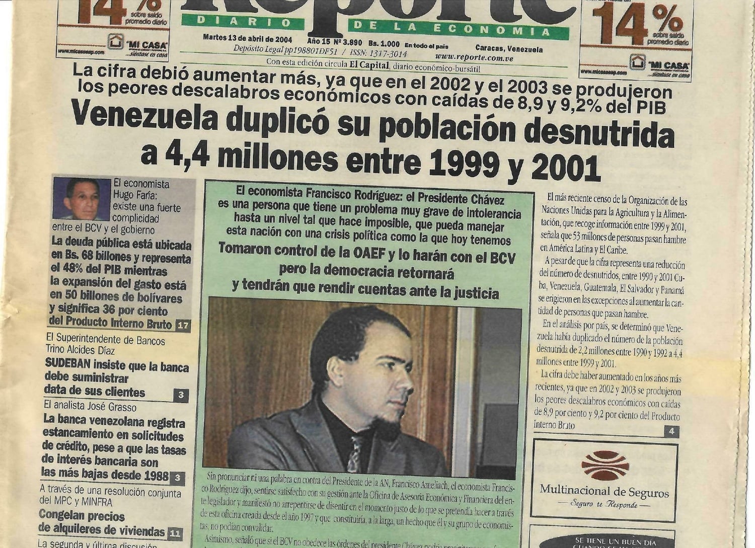Clipping from Reporte, a Venezuelan economics newspaper from April 13, 2004. The cover story cites Francisco Rodríguez criticizing Hugo Chávez for creating a political crisis.