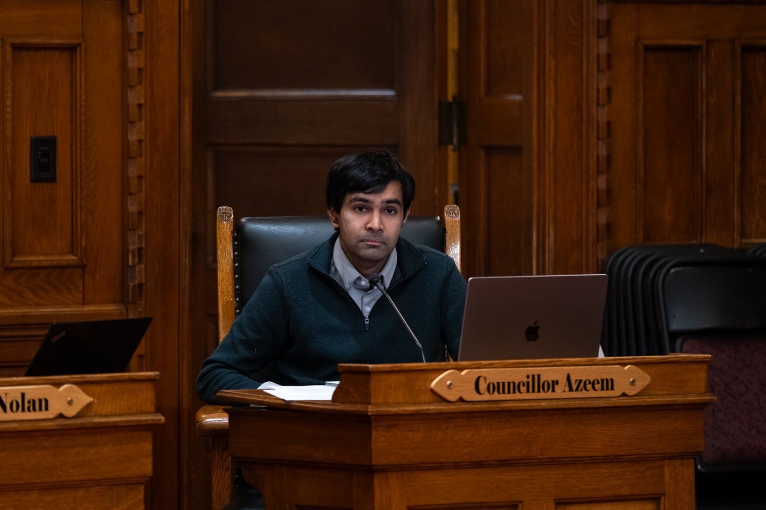 Cambridge Vice Mayor Burhan Azeem speaks during a City Council meeting. Azeem advised Rabbi Hirschy Zarchi on outreach to councilors as Harvard Chabad sought a legislative path forward after the zoning board rejected its expansion proposal.